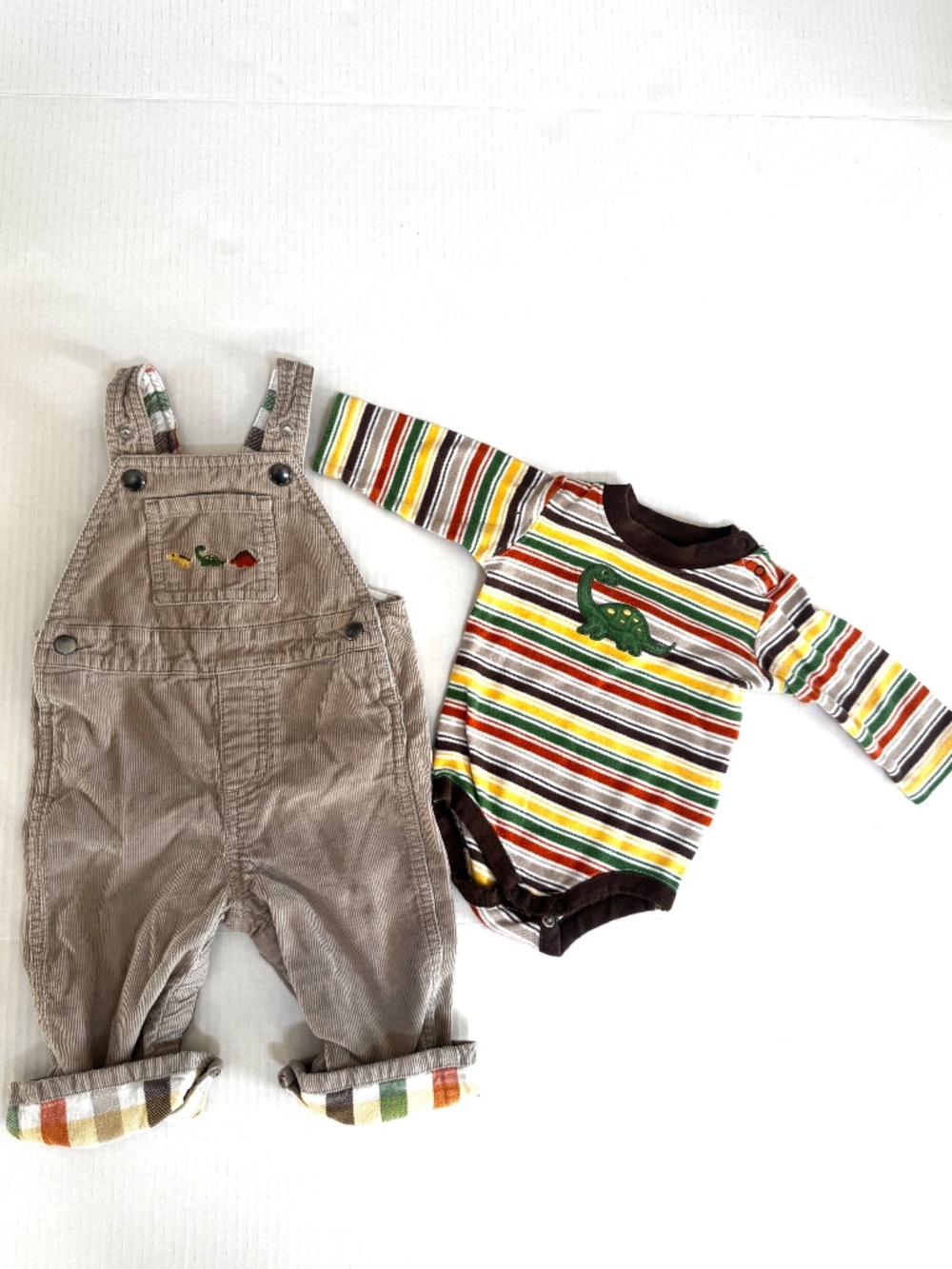 Gymboree 2012 Beige Dinosaur Corduroy Overall & Stripe Bodysuit set 3-6 months